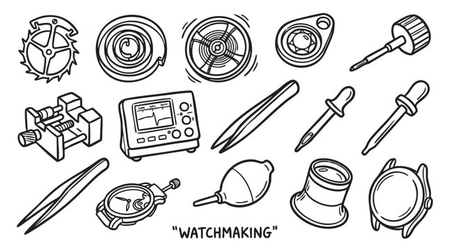 Watchmaking tools and components set for repair and precision horology.