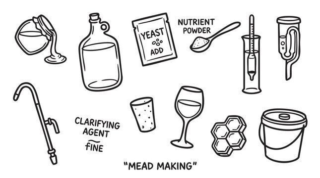 Mead making equipment and honey wine fermentation process line art icons.