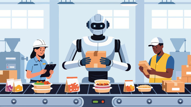 Robot and workers overseeing food packaging on a production line robot.