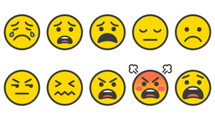 Fototapeta premium A set of cartoon yellow emoticons displaying a range of human emotions from sadness and distress to anger and frustration.