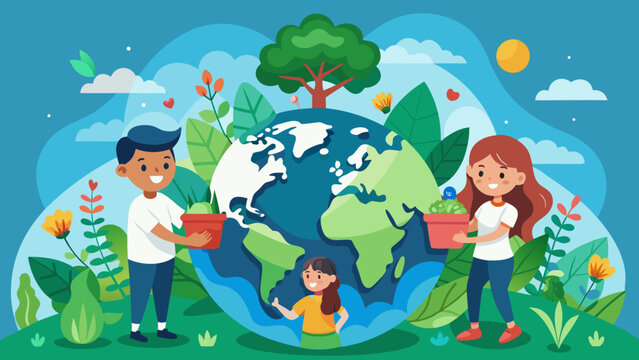 Diverse children caring for the planet earth illustration with plants and trees children planting environment diversity conservation sustainability illustration community childrens together