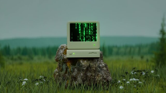 Animation of a retro computer displaying cascading green code in a peaceful natural landscape. A gradual vertigo zoom emphasizes the surreal retrofuturistic atmosphere. 3D render