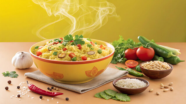 Poha breakfast advertisement, fresh ingredients floating