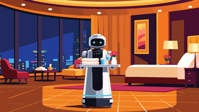 Robot serving a tray with towels and drinks in a hotel room.