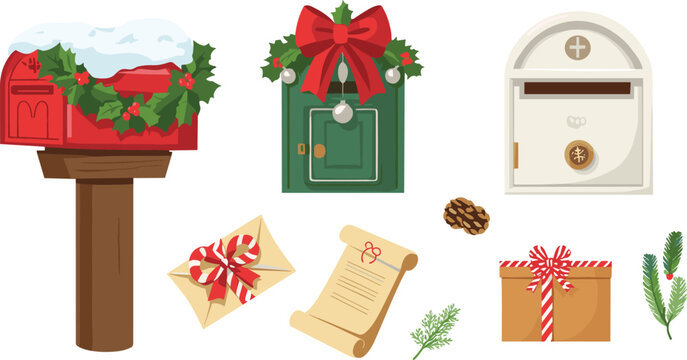 Christmas mailbox and winter holiday element vector set featuring snow covered postbox green wall slot red ribbon bow letter envelope and paper scroll