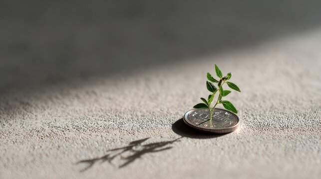 Small plant growing from a coin against a minimalist background with copy space. Concept of sustainable investing, financial planning, economic growth and future wealth creation