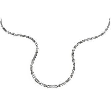 A silver chain necklace lies on a plain surface indoors