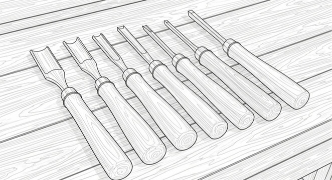 Various woodworking chisels lie on wooden workbench indoors closely