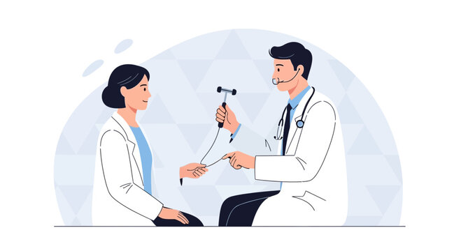 Doctor performing neurological reflex test on patient with reflex hammer in a modern clinic setting.