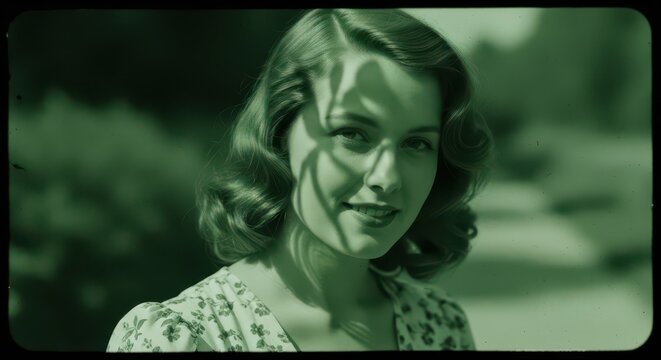Vintage portrait of a young woman with soft wavy hair and leaf shadow patterns on her face
