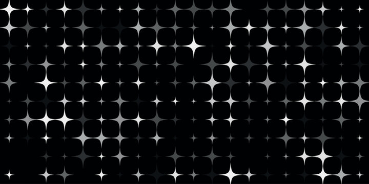 Abstract geometric pattern featuring sparkling silver and white stars arranged on a seamless dark black grid backdrop