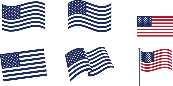 Collection of American flags featuring minimalist navy blue outline graphics flat layouts and a traditional flag on a pole vector illustration
