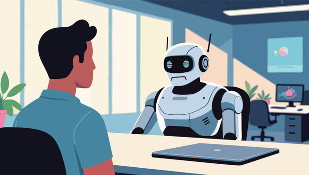 Robot and man in a business meeting or interview in an office.