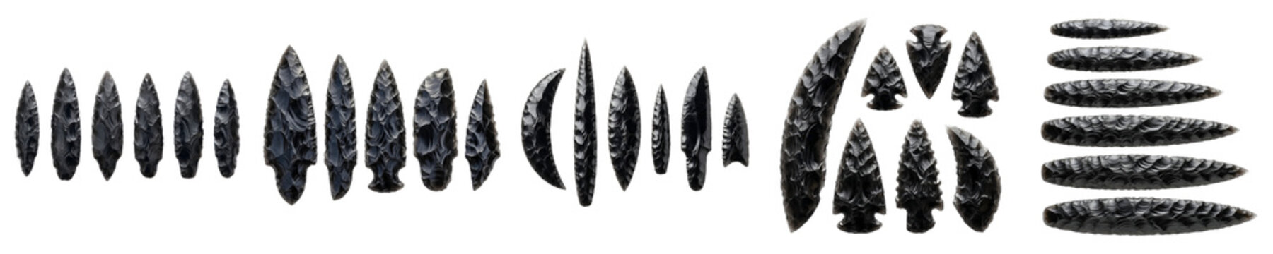 Prehistoric Stone Arrowhead and Spear Point Collection: Ancient Hand-Crafted Flint Tools Isolated on White Background for Archaeological and Historical Education