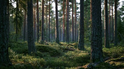 Fototapeta premium Sunlight filtering through a dense, green forest with mossy ground