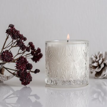 Elegant Crystal Candle with Flame, Winter Ambiance