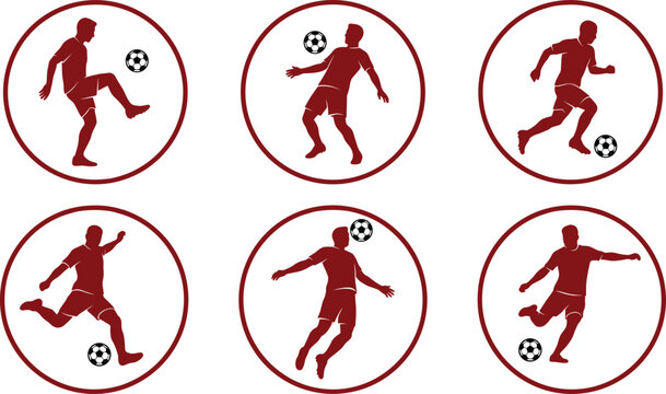 Set of Soccer Player Silhouettes in Action Poses, Football Athlete Icons on White Background