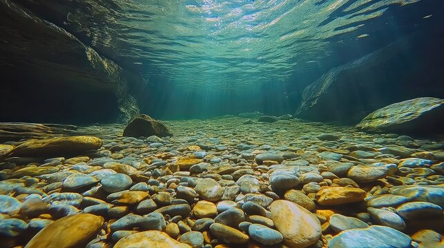 Pebbles in mountain stream with underwater clarity moving water and earthy tones perfect for calm or natural visuals
