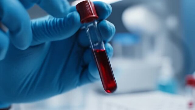 Medical professional in blue gloves holding a blood sample test tube in a clinical laboratory