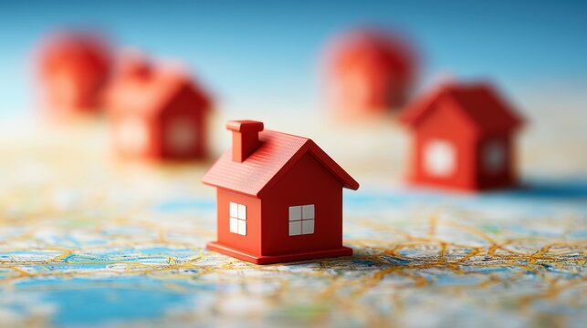Small red house on a map with other houses in the background