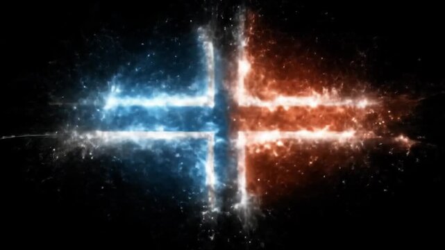 Glowing cross-like design in space. Blue and orange hues, radiating light. Black background