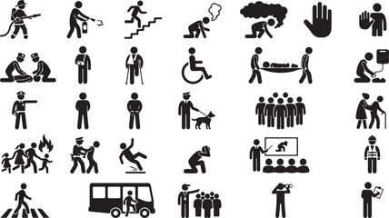 Naklejka premium Set of safety and emergency vector icons with people and symbols