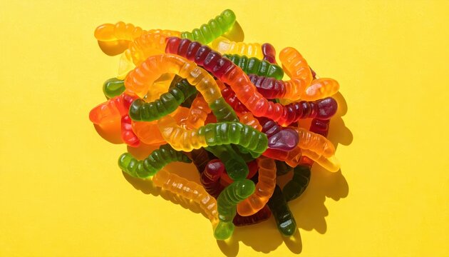 A vibrant pile of colorful gummy worms arranged in a playful heap on a bright yellow background