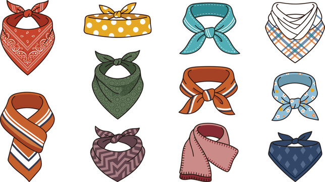Set of Colorful Hand-Drawn Bandanas, Headscarves, and Neckerchiefs with Various Patterns and Stylish Designs
