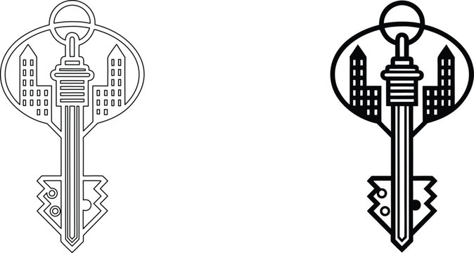 Hotel skeleton key line art icon with city skyline buildings outline black vector silhouette set.