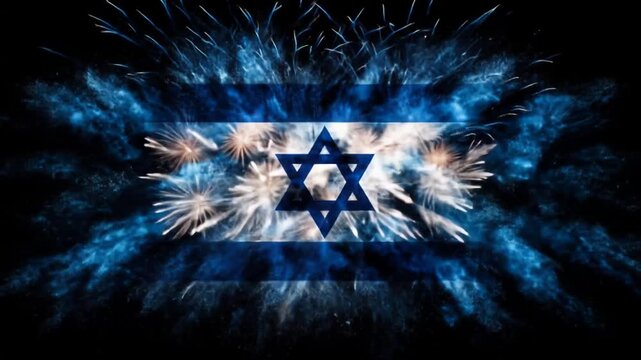An abstract depiction of fireworks bursting behind a flag with a star, white and blue colors