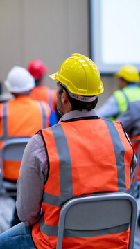 Construction workers attending a safety briefing wearing helmets and high visibility vests at a job site.Construction workers attending a safety briefing wearing helmets and high visibility vests.