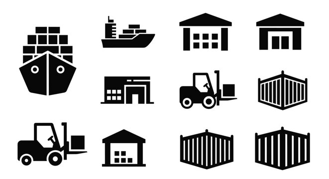 Industrial icons depict a cargo ship and containers with forklifts.