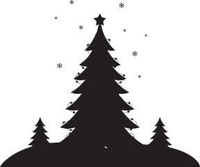 Obraz premium Silhouette of large Christmas tree with smaller trees below and snowflakes falling on festive string lights.