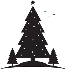 Obraz premium Christmas tree silhouette with star topper circular ornaments birds and surrounding pines isolated on transparent background.