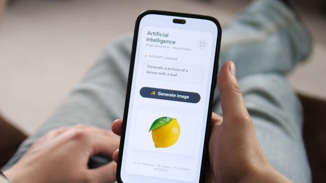 Hands holding a phone displaying a successfully generated AI image. The screen confirms the output with AI inference and 4K output details. Great for showcasing AI software, future tech, and smart