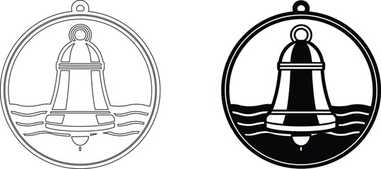Bell buoy icons as nautical navigation markers in solid black and thin line art on transparent grid. © Sukumar