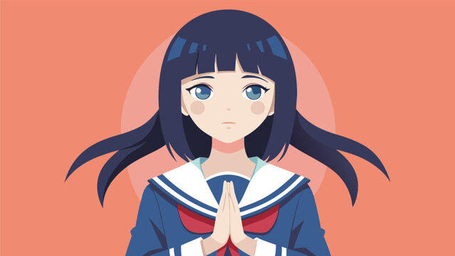 Anime girl in sailor uniform with hands together in prayer against soft orange background