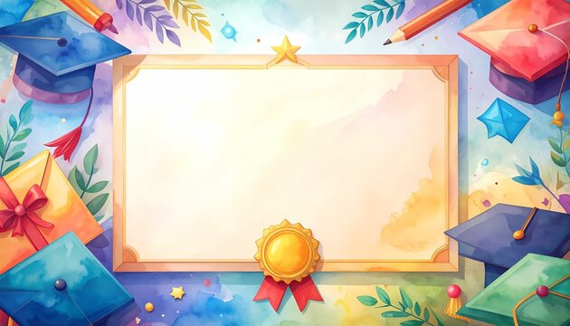Blank graduation certificate frame with mortarboards and stars in top down view for school celebration in watercolor illustration style with soft lighting on colorful splash background