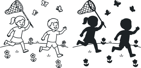 Children Chasing Butterflies Black Silhouette And Line Art Illustration © Peru