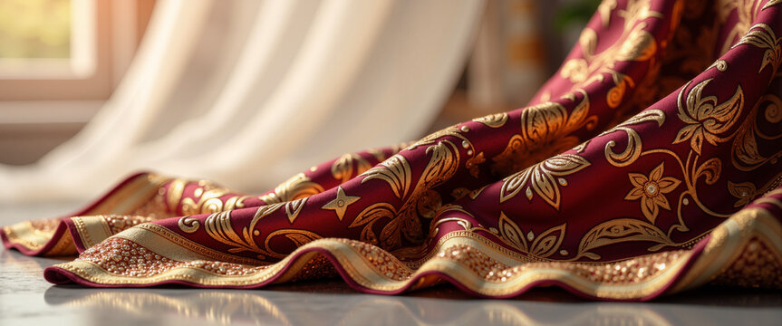 Gold brocade fabric close-up. Islamic traditional textile for Eid celebrations, luxury fashion blogs, websites, greeting cards, postcards, stationery design, and background textures