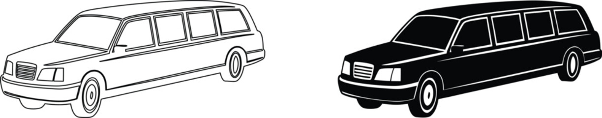 Classic hearse wagon outline and solid black silhouette isolated on checkered background vector art. © Sukumar