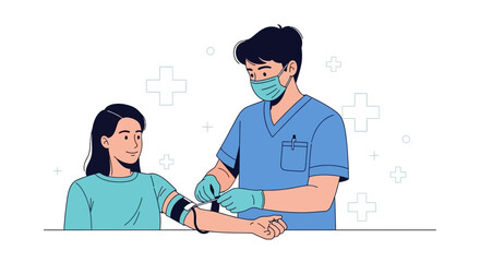 Fototapeta premium Doctor taking blood pressure of patient, healthcare, medical check-up, vector illustration