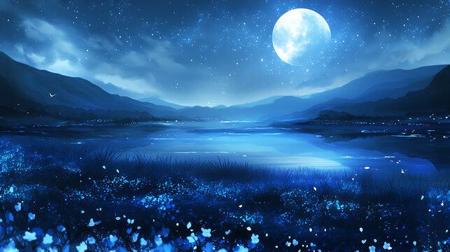 Peaceful anime landscape of an endless field of glowing blue flowers. Beautiful fantasy night scene with a full moon over a dark sea background illustration.