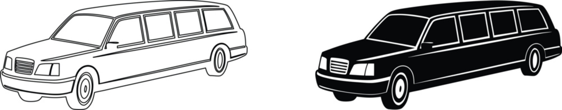 Classic hearse wagon outline and solid black silhouette isolated on checkered background vector art.
