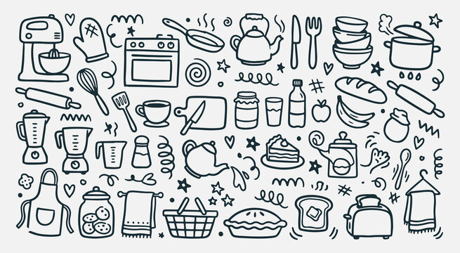 Hand drawn baking and kitchen doodle collection with cooking tools food and appliances in vector outline style