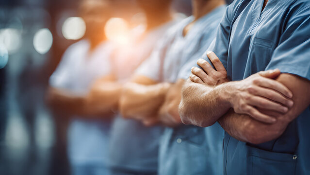 Close-up of professional healthcare medical team standing with arms crossed in hospital corridor representing expert unity, confidence, and dedicated patient care.