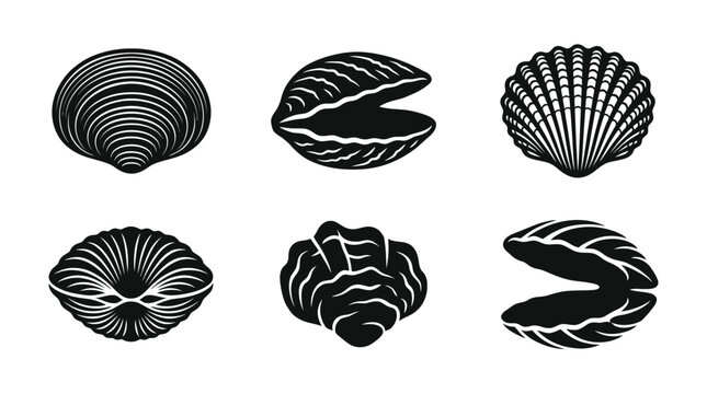 different black clam shell silhouettes on a clean white background, minimalist vector style.