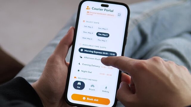 Booking a courier work slot on a smartphone. The user selects a date, picks the Afternoon Rush time slot, and chooses walking delivery. Perfect for delivery apps, logistics platforms, and gig economy