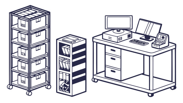 Office workstation with computer and rolling storage rack workstation computer