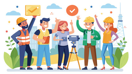 Fototapeta premium Diverse construction crew with survey equipment celebrating success on a bright day with city skyline backdrop